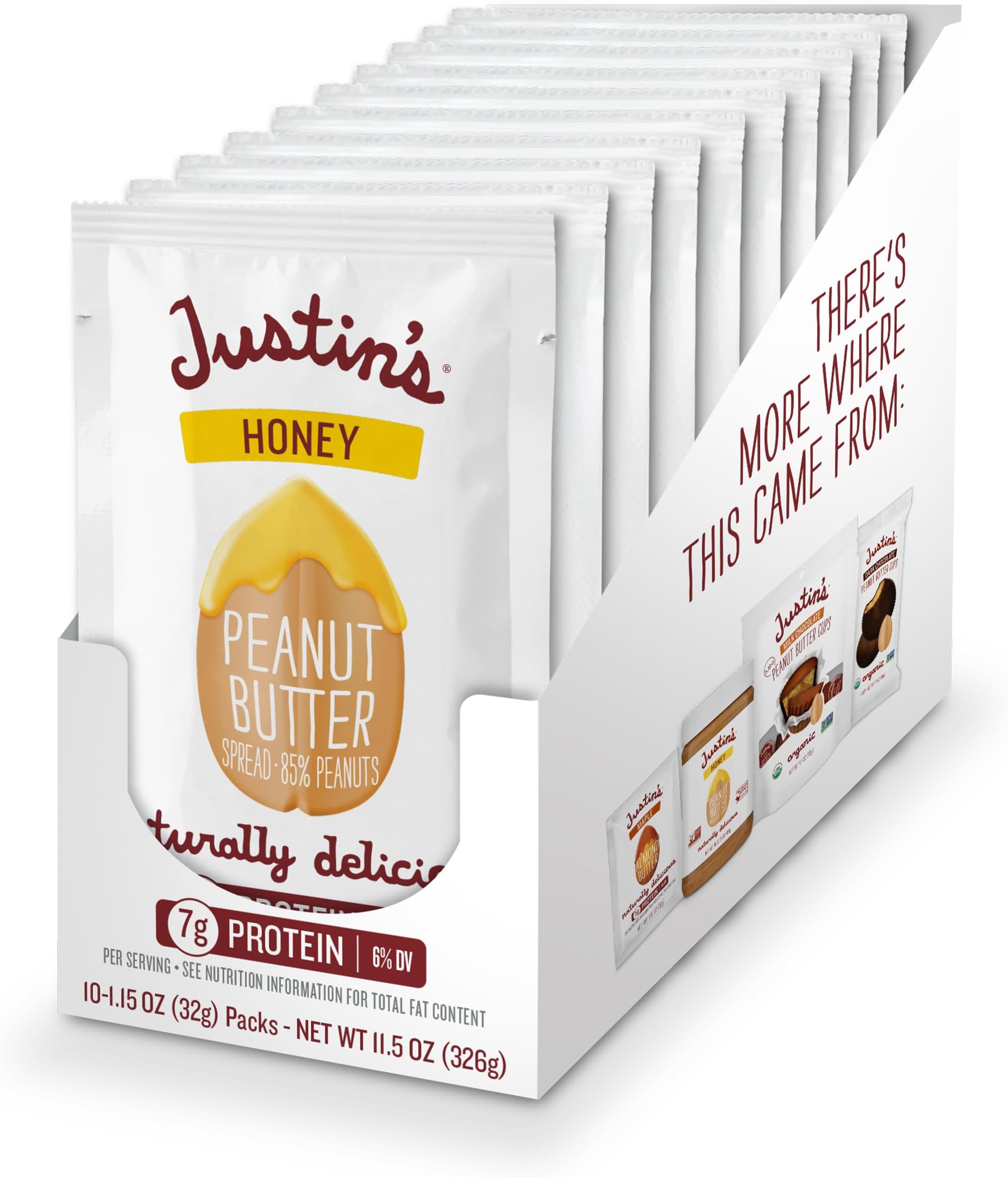 Honey Peanut Butter Squeeze Packs by Justin's, Gluten-free, Non-GMO, Responsibly Sourced, Pack of 10 (1.15oz each)