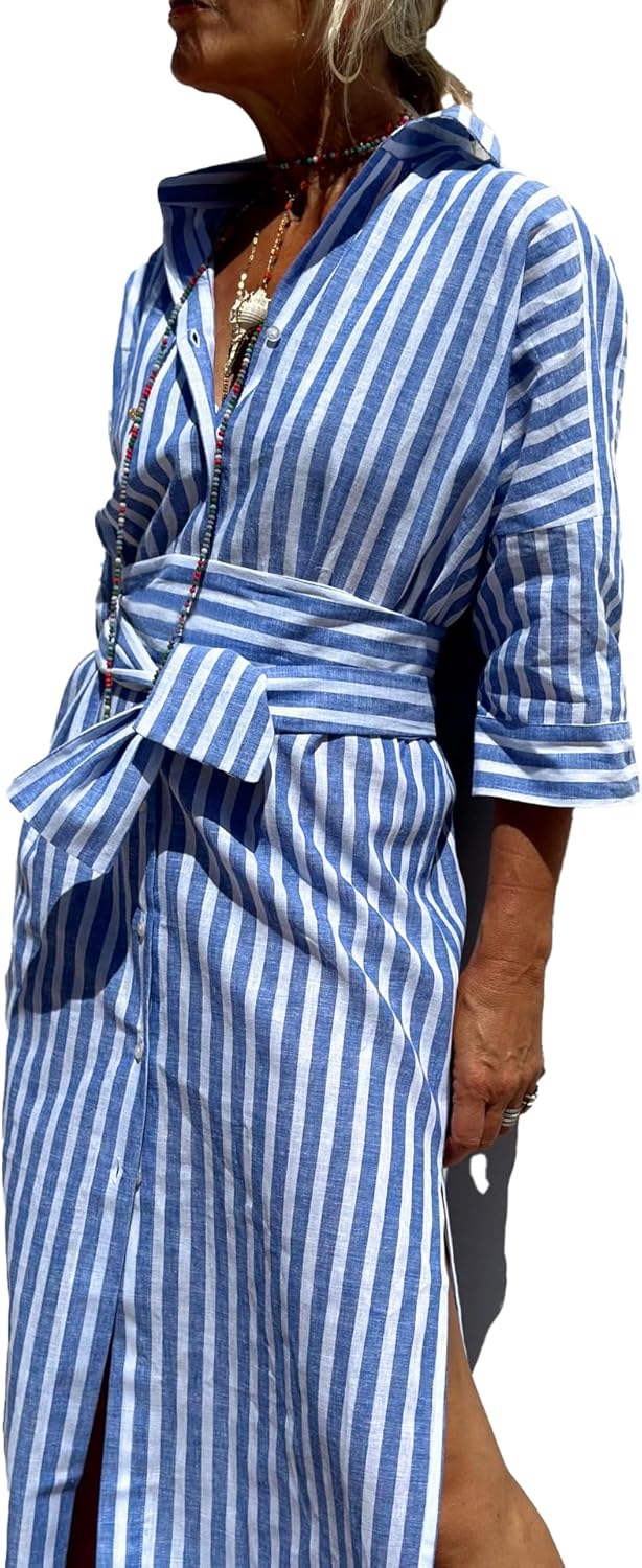utcoco Womens 2026 Shirt Dress Casual Lapel 3/4 Sleeve Button Down Split Belted Vacation Maxi Dress