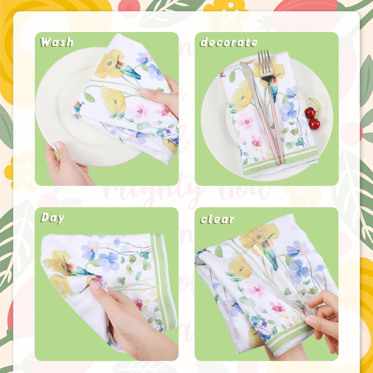 Oudaoudain Sets of 6 Spring Kitchen Towels Decor Floral Wildflower Hummingbirds Branches Dish Hand Tea Towels for Spring Party Holiday Supply Bathroom Housewarming Gift - Image 4
