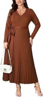 SCOMCHIC Women's Plus Size Fall Sweater Long Sleeve Pleated Maxi Dress | V Neck Wrap, Flowy A Line, Knit, High Waist, Pullover, Cocktail, Wedding Guest, 2026 Elegant Winter Dresses with Belt