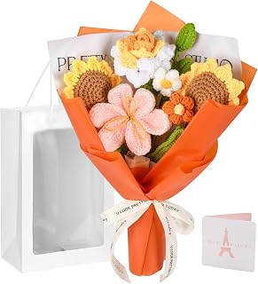 Gouraml Handmade Crochet Flower Bouquet - Orange Sunflowers Tulips Roses, Everlasting Gifts for Her, Weddings Birthdays Moms Home Decor