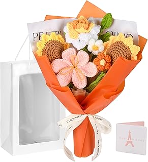 Gouraml Crochet Flower Bouquet, Orange Crochet Flowers Gifts for Her, Crochet Sunflowers Tulips Roses Bouquet for Valentines Day, Weddings Birthdays Home Decor Gift for Women Moms Wife Friends
