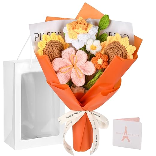 Crochet Flower Bouquet, Orange Crochet Flowers Gifts for Her, Crochet Sunflowers Tulips Roses Bouquet for Valentines Day, Weddings Birthdays Home Decor Gift for Women Moms Wife Friends