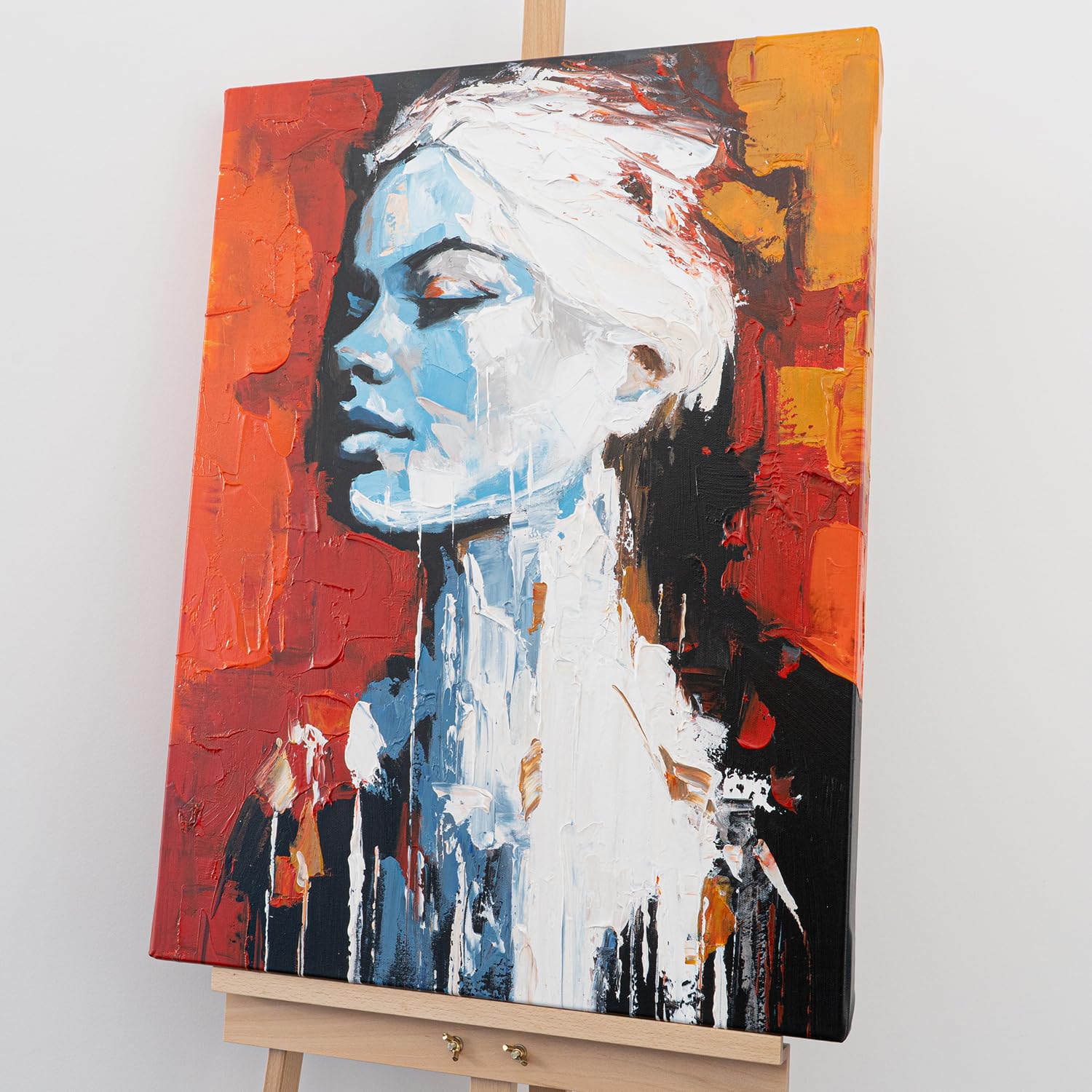 AUREDAS Handgemaltes Acrylgemälde 60x80 cm – abstraktes Frauenportrait in Schwarz, Rot & Orange – Hochformat auf Baumwollleinwand ohne Schattenfugenrahmen – Atalantum