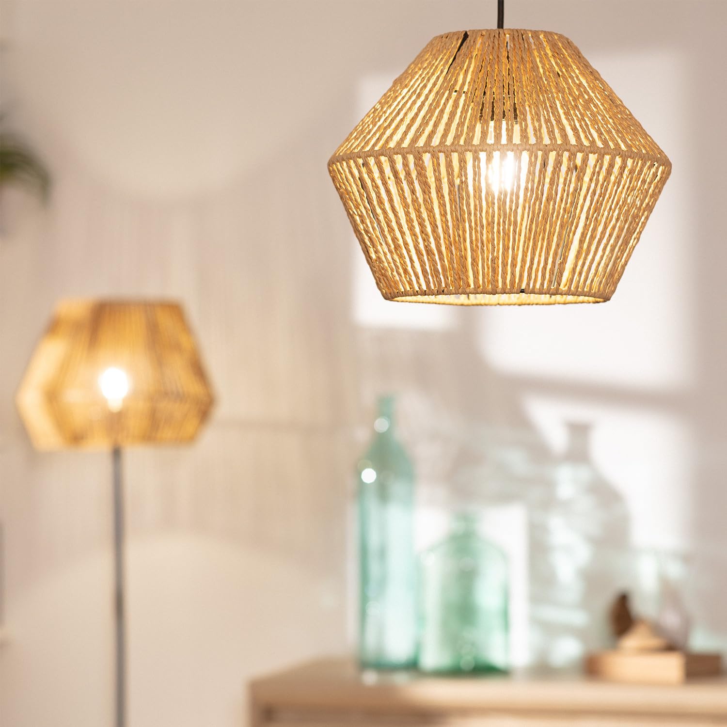 LEDKIA LIGHTING - Lámpara Colgante Kirito | Diseño Elegante y Único | Papel Trenzado Resistente | Compatible con Bombilla E27 | Uso Interior | Cable Ajustable; Natural