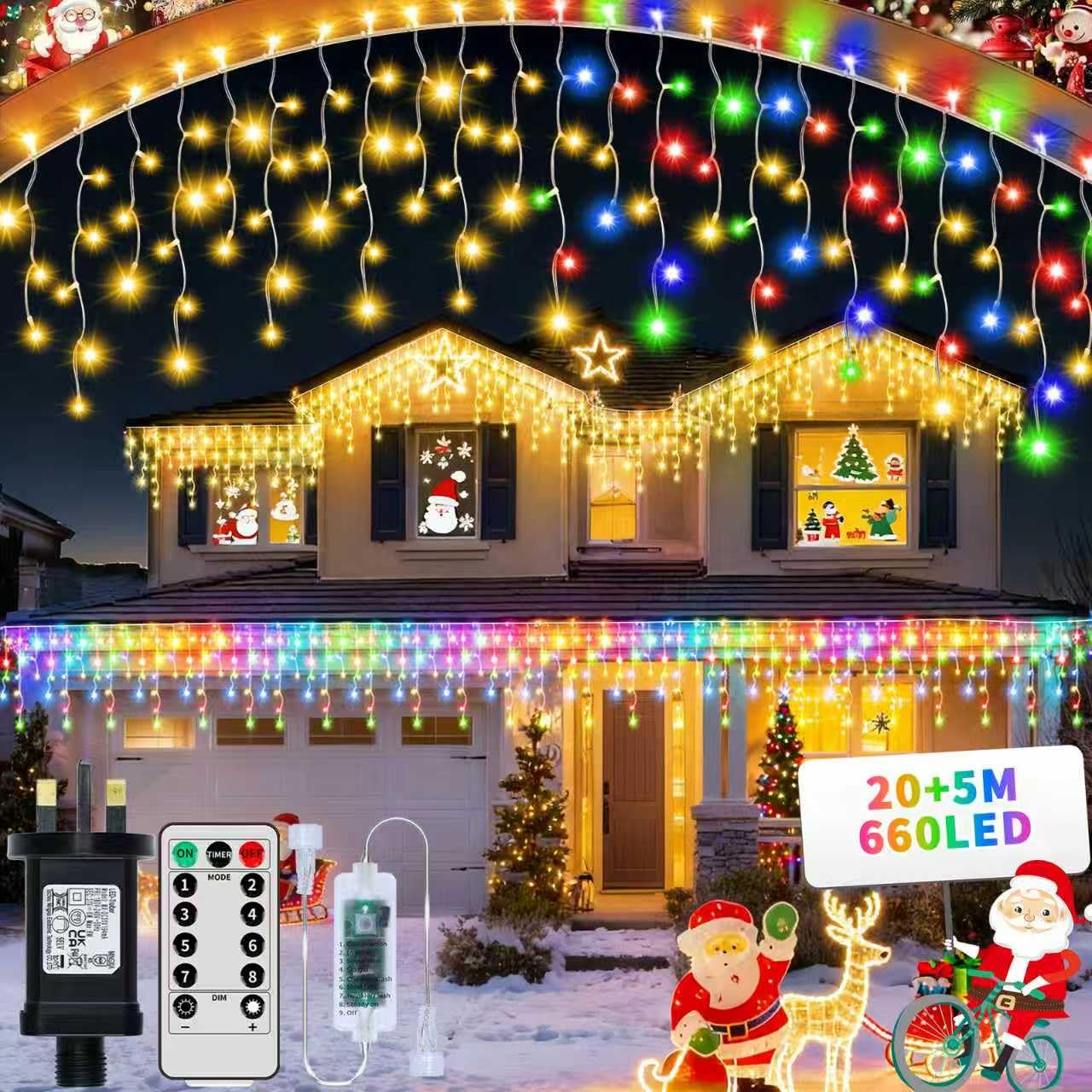 GCMacau 3 in1 Icicle Outdoor Christmas Lights, 20+5M/82ft 660 LED Outdoor Fairy Light Plug in, Waterproof String Lights with 8 Modes and Dimmable for Porch, Deck, Garden, Backyard, Balcony Decorations