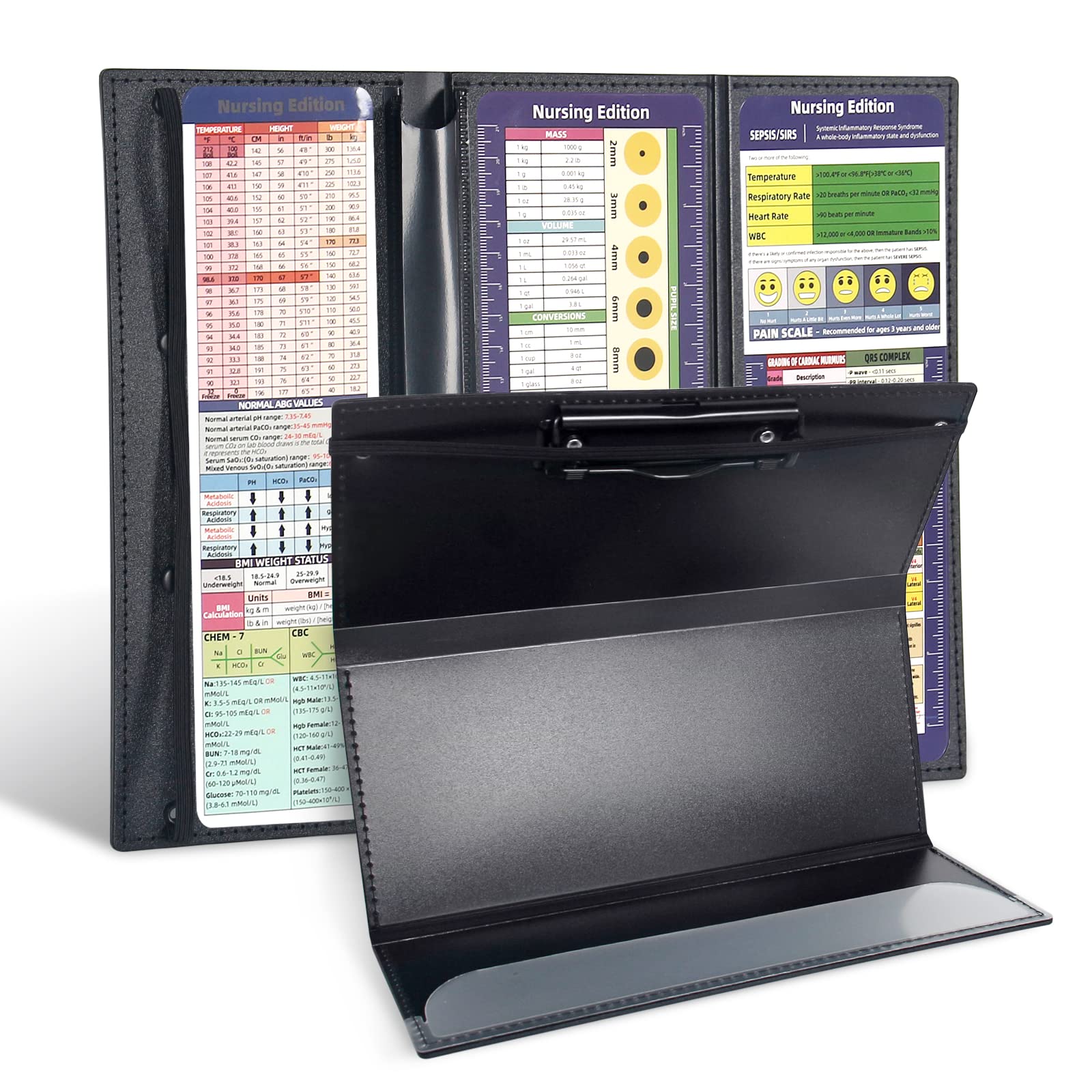 Clipboard, Nursing Clipboard with Nursing and Medical Edition Cheat Sheets, 3 Layers Foldable Nurse ClipBoard for Nursing Students, Nurses and Doctors, Pocket Size, Plastic Clip Board (Black)