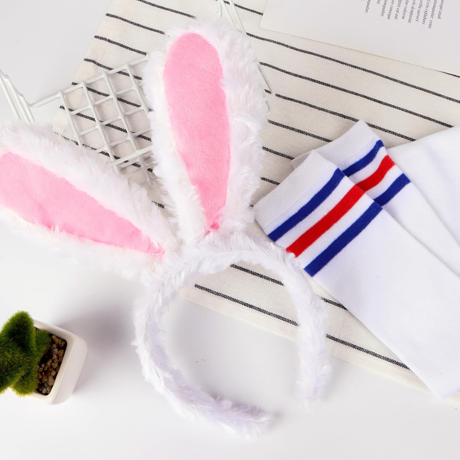 DDLP Halloween Bunny Costume Accessories for Women Red and Blue Striped Thigh High Socks + Bunny Ears Headband for Cosplay - Image 6