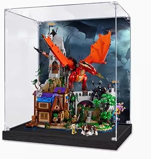 Clear Acrylic Display Case, Lego 21348 Red Dragon and Dungeon Kit, Dustproof, Removable, Stackable Display Case (Packaging Only) (Painting on The Back)