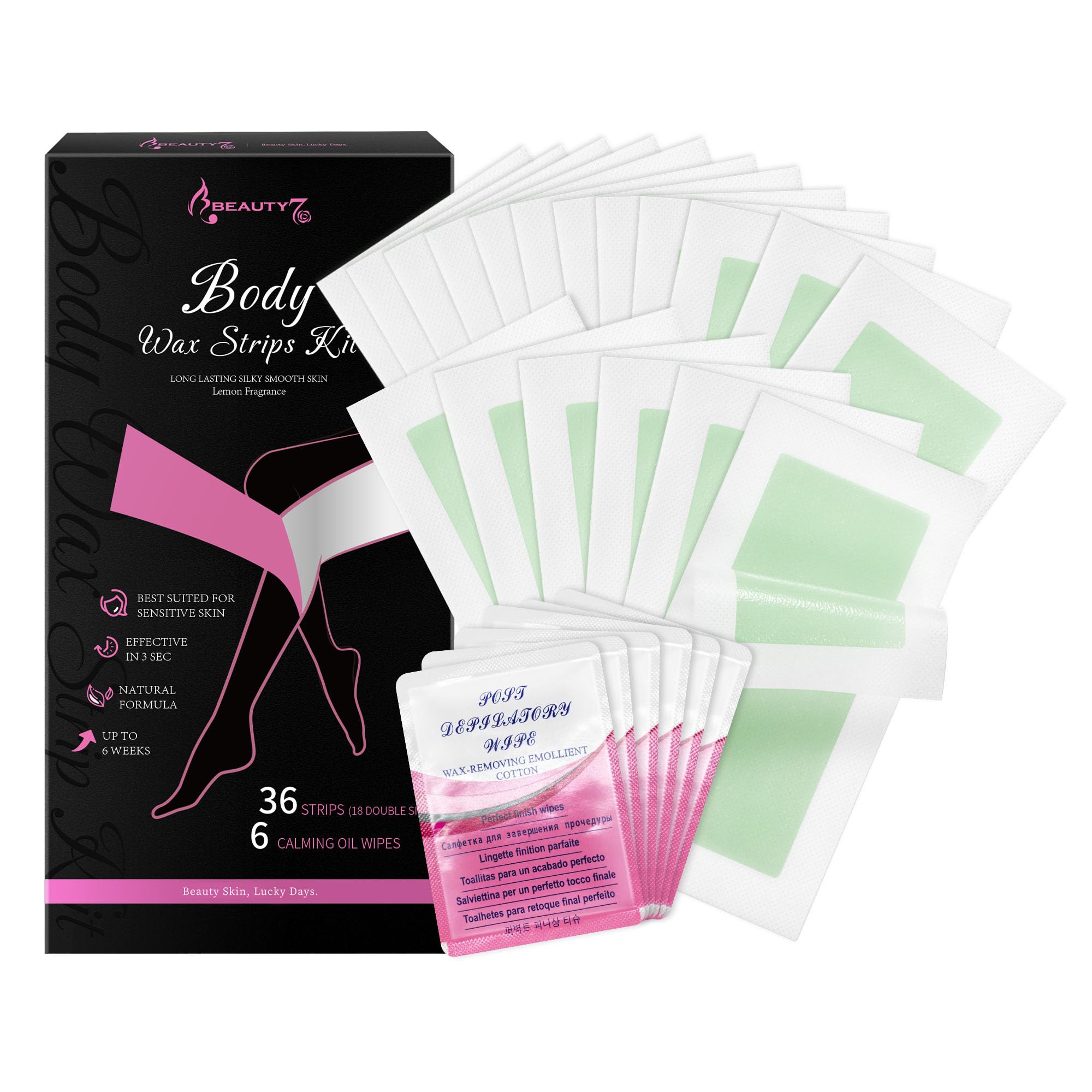 Beauty7 Body Wax Strips, Ready to Use Waxing Strip, Facial Hair Removal, Arms Legs Underarm Bikini Hair Removal, 36 Strips 6 Calming Oil Wipes for All Skin Types Women