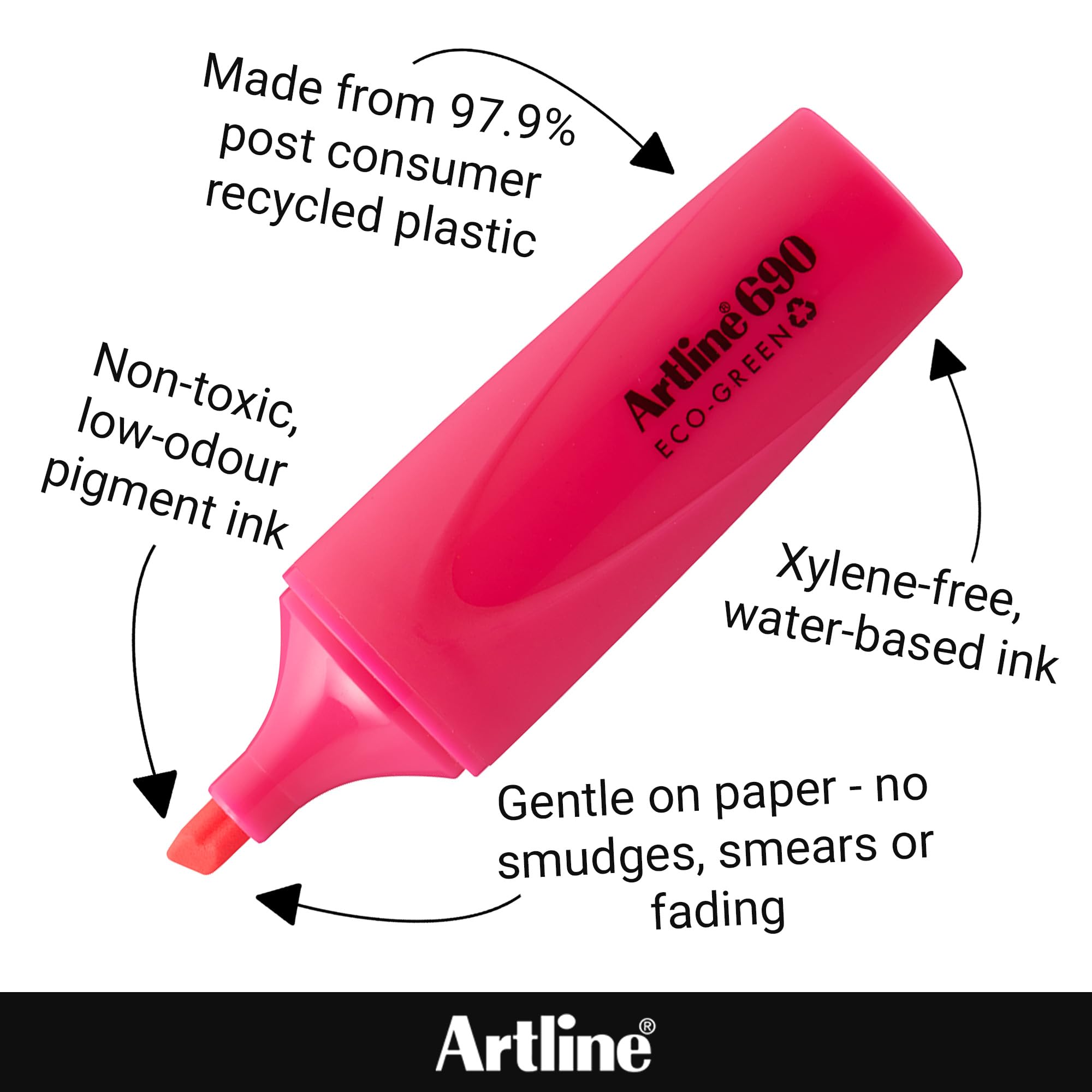Artline Eco Pink Highlighters (Pack of 12) 1-4mm Nib for Home, School & Office Use, Bright Water-Based Non-Fade Highlighter Pens, Non-Toxic - Genuine Highlighters Pens - Image 4