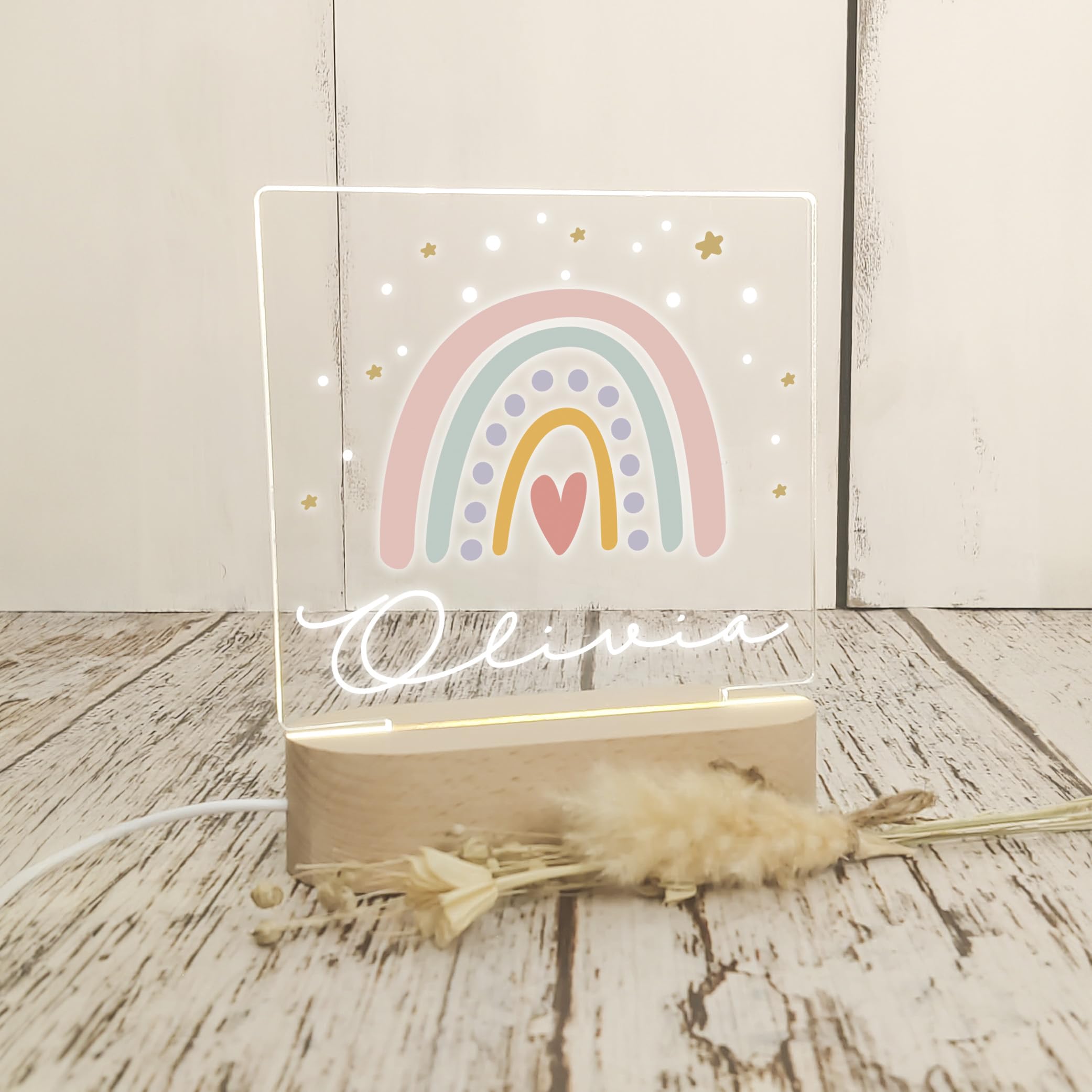 Lampara Quitamiedos Infantil Personalizada con Nombre Bebés Recien Nacidos de Metacrilato Acrilico Madera con Led Luz Nocturna Mesita Noche (Arcoiris)