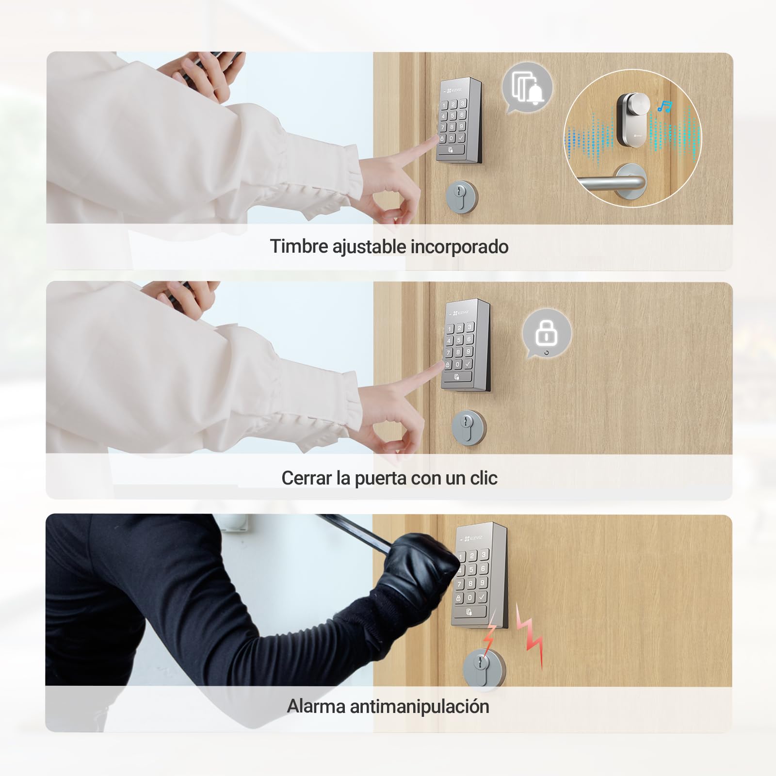EZVIZ DL01 Pro Cerradura Inteligente con Teclado Multifunctional,Cerradura Electrónica de Puerta con Instalación DIY,Acceso sin Llave por App/Tarjetas/Códigos,Timbre Incorporado,Modo de Privacidad
