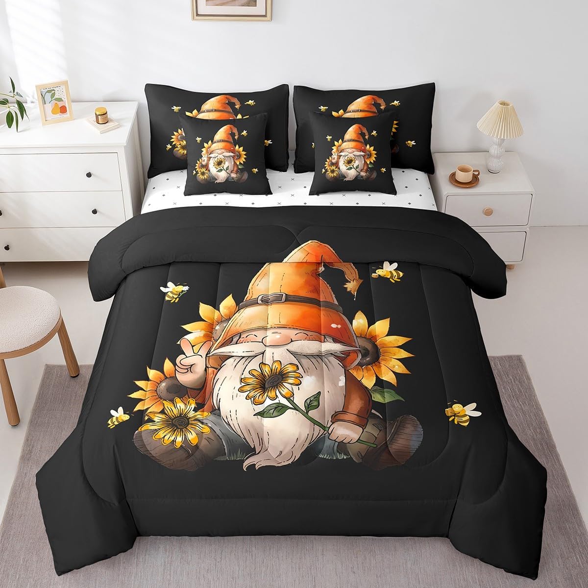Erosebridal Gnome Bed in A Bag Twin Size Rustic Gnome Comforter for Teens Adult Spring Sunflower Honey Bees Bedding Sets(1 Comforter,2 Pillowcases,1 Flat Sheet,1 Fitted Sheet,2 Throw Pillow Covers)