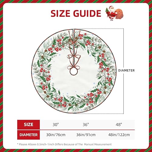 Miniatura 5 de Falda de árbol de Navidad de 36 pulgadas, falda de árbol de Navidad de lino con acebo para fiesta de vacaciones, decoración de árbol de Navidad,