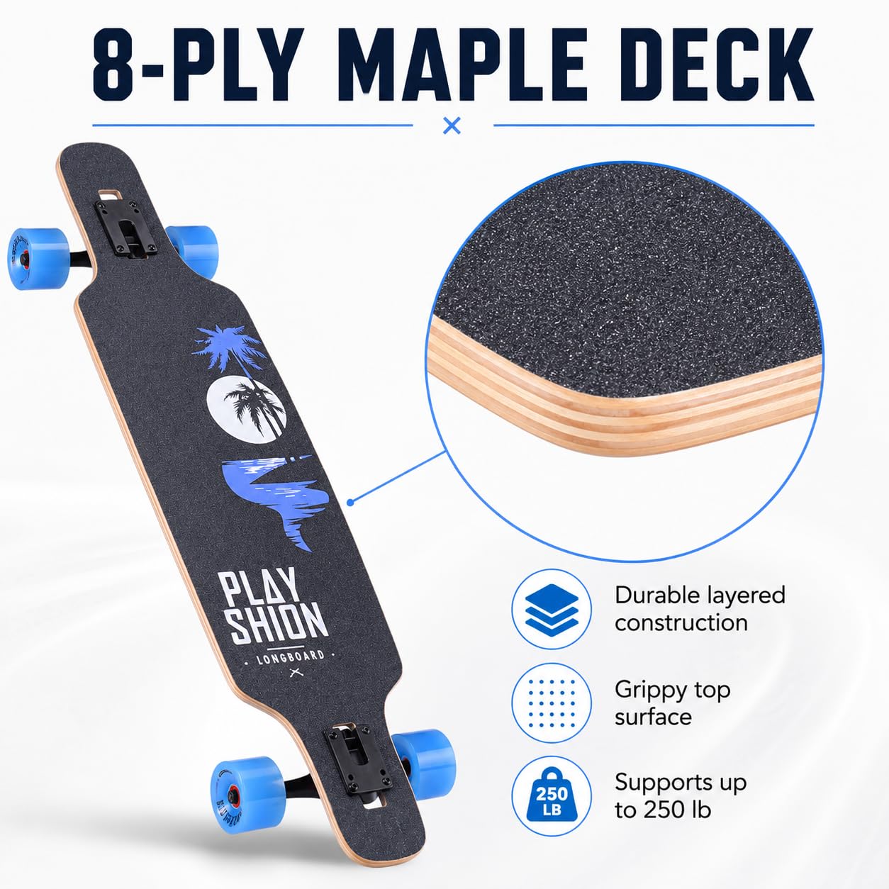 Playshion 39" Longboard Drop-Through Freestyle, Roulements ABEC 11