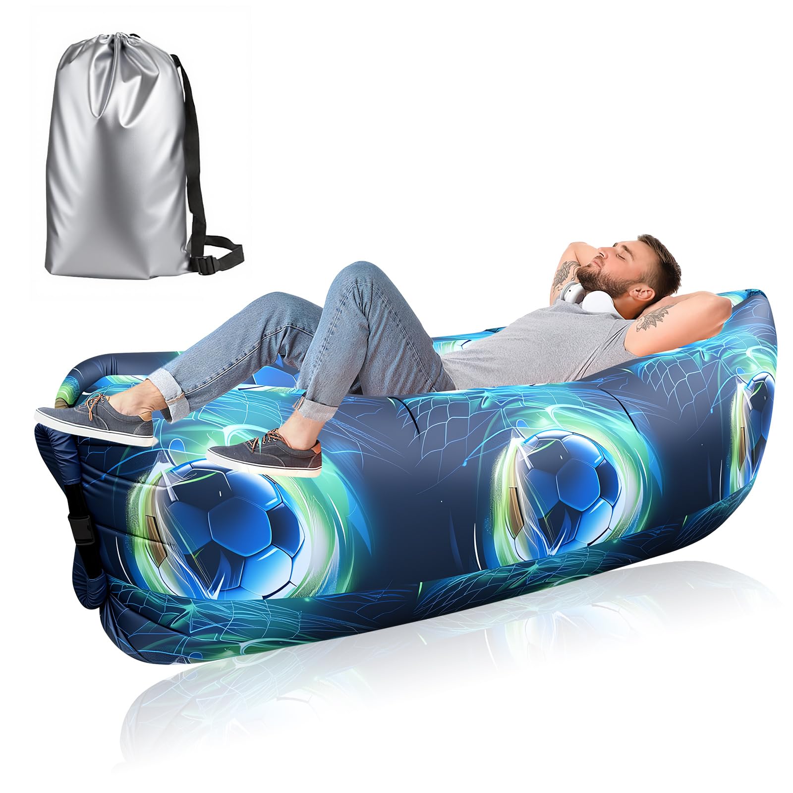 Dwafill Aufblasbares Camping Sofa Strand, 230 * 70CM Luftsofa Outdoor, Luftsack, Airlounge, Luft Sitzsack, Outdoor Liege Couch, für Picknicks, Gärten, Musikfestivals (Eindicken Gittertuch, Fußball)