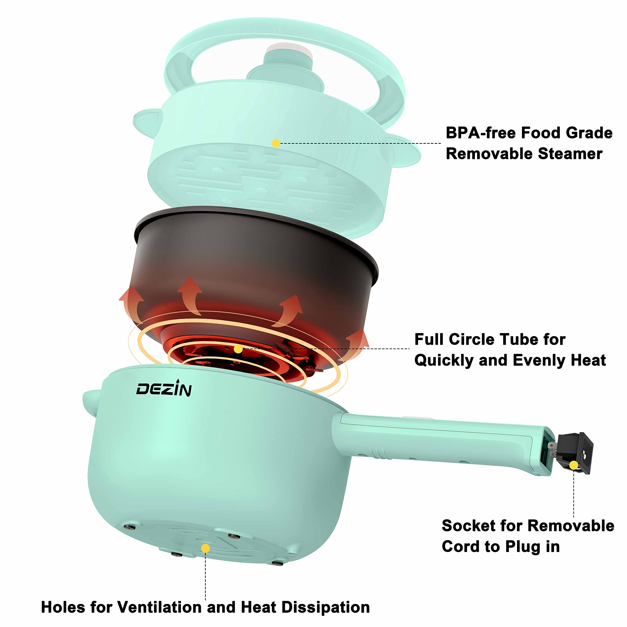 Dezin Electric Cooker with Steamer, 2L NonStick Sauté Pan, Rapid Noodles Cooker, Mini Pot for Steak, Ramen, Oatmeal, Soup with Power Adjustment, College Dorm Room Essential(Silicone Spatula Included)