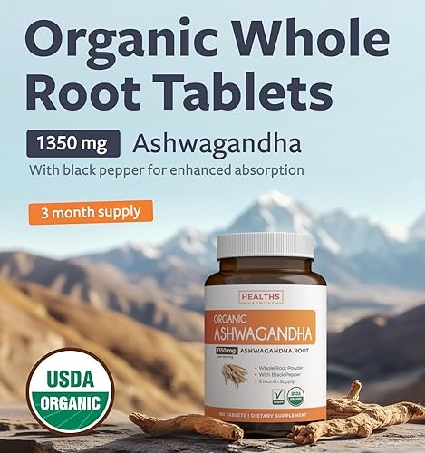 Miniatura 9 de Ashwagandha orgánica USDA (60 tabletas vegetarianas) 1350 mg de polvo de raíz de Ashwaganda por porción con pimienta negra  Apoyo suprarrenal