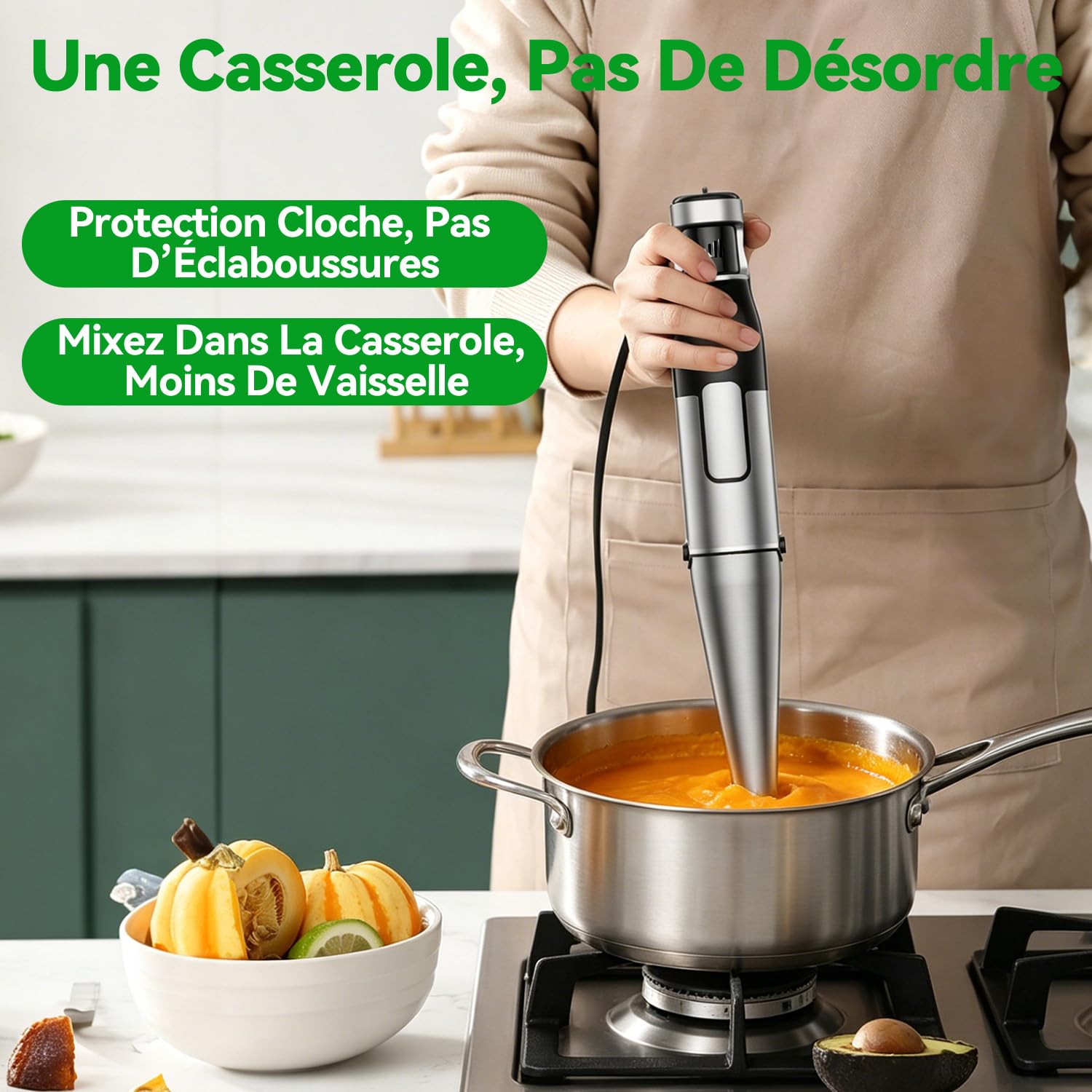 BESROY Mixeur Plongeant 5 en 1, 1100W, Vitesse Progressive, Lames Inox & Protection Anti-rayures, Hachoir Électrique, Fouet, Mousseur à Lait, Verre Doseur, pour Soupe, Smoothie, Purée