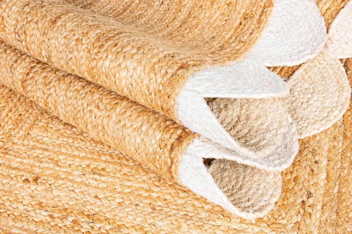 Tapis en jute naturelle tressé à la main pour salon, chambre à coucher, entrée – Décoration d'intérieur bohème – 0,9 x 2,4 m – Blanc et naturel