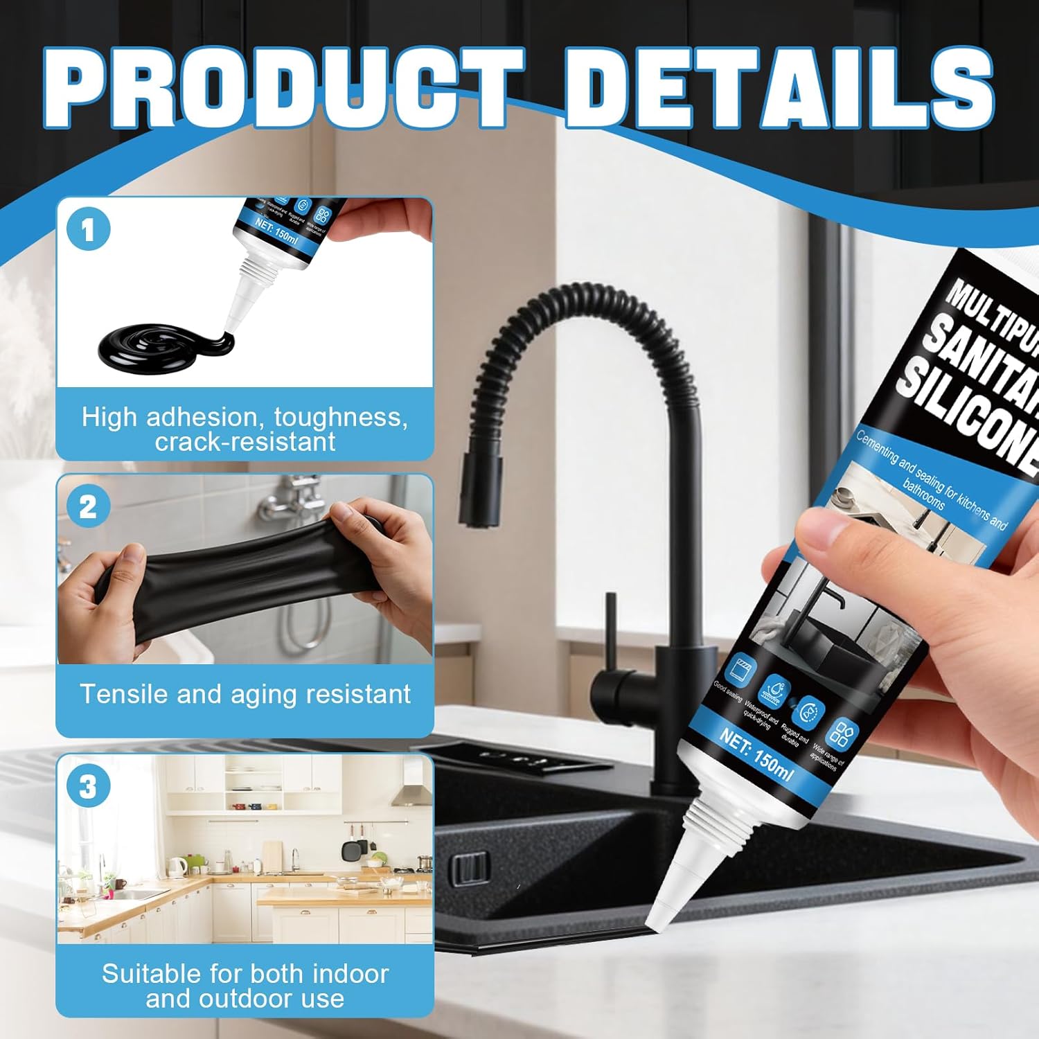 JAOJAO Black Silicone Caulk, Waterproof Black Caulk with Scraper and Sticker, Fast-Curing for Bathroom, Kitchen, Windows & Exterior Use - DIY Homeowners & Contractors, 150ml