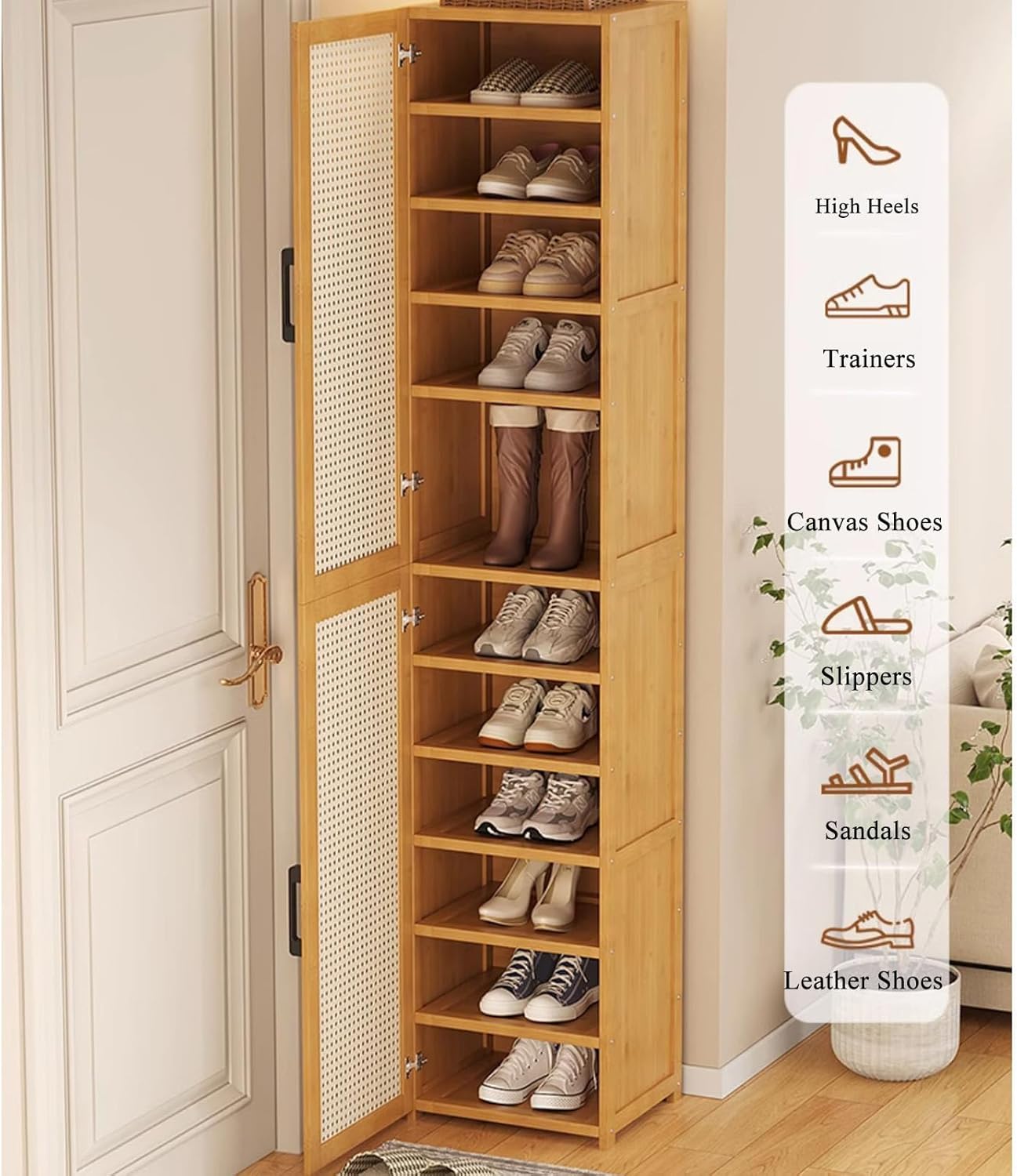 Freending Bambusowy organizer na buty, wysoka, wąska szafka do przechowywania z drzwiami, do przedpokoju, szafy i sypialni, oszczędność miejsca, głębokość 33 cm, ekologiczny design