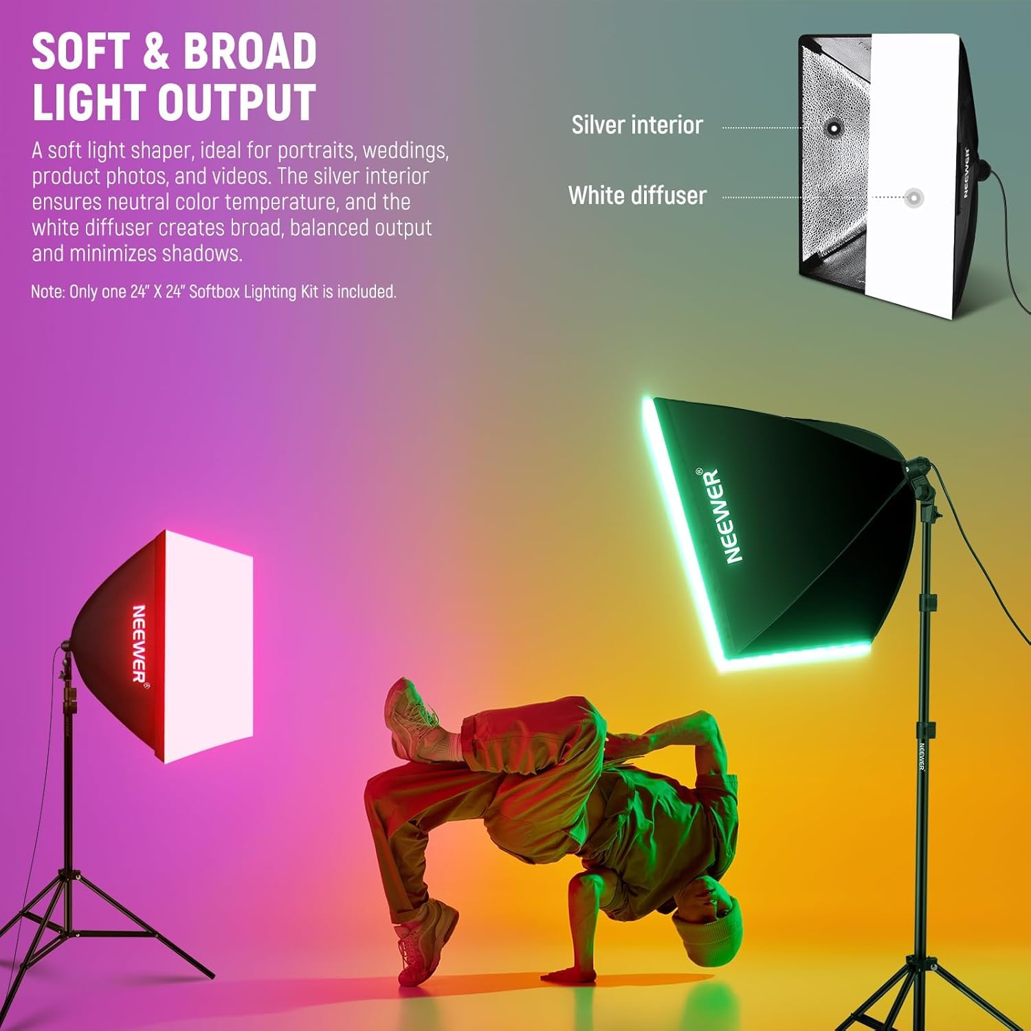NEEWER Zestaw świetlny RGB Softbox z aplikacją i 9 trybami efektów, 24 W żarówka LED CRI93+ TLCI98+, E27 Porcelanowa nasadka, 24" Softbox, do oświetlenia fotograficznego studyjnego, NK800