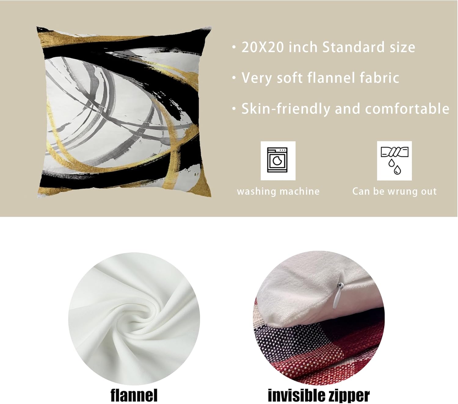 Jvpke Black White and Gold Pillow Covers, Abstract Black and Gold Pillow Covers 20x20 Set of 4, Modern Boho Home Decor, Black and Gold Pillows Decorative Throw Pillows for Couch Living Room Bedroom