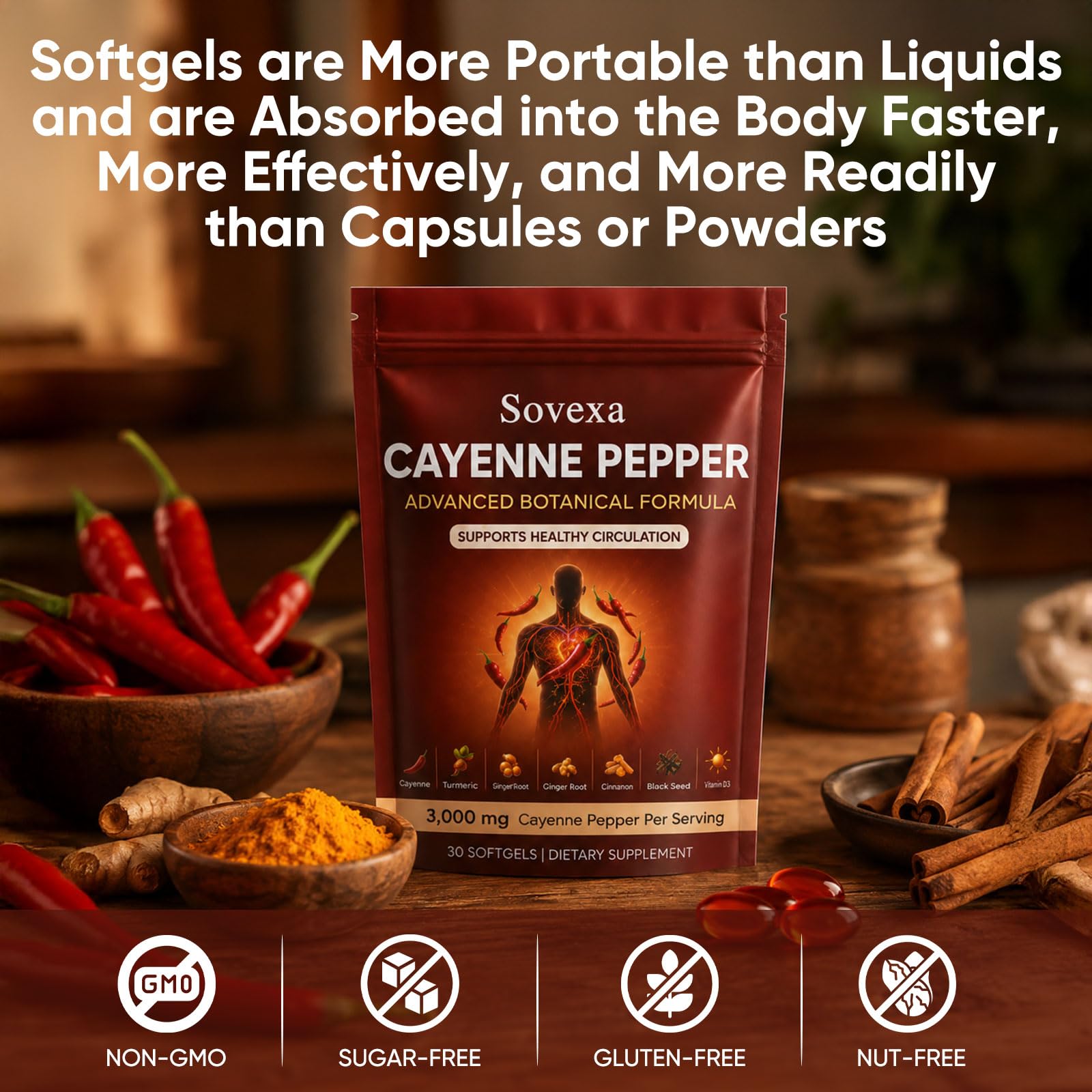 Cayenne Pepper Softgels, Natural Cayenne Pepper Extract Softgels, for Energy & Cardiovascular Wellness, with Grape Seed Oil, Beetroot, and Vitamin D3 & K2, Non-GMO, 300 Softgels — Amazon image 7