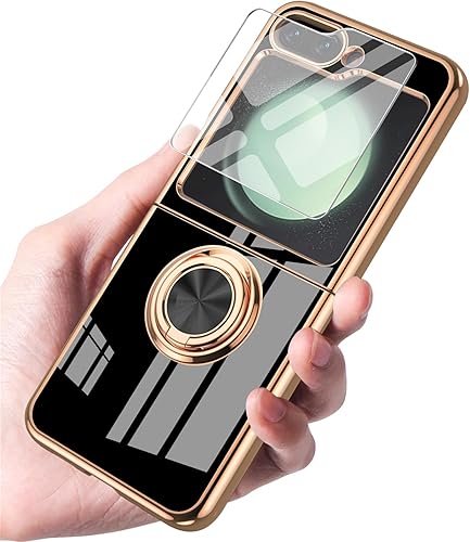 Funda compatible con Samsung Galaxy Z Flip 5 con 1 protector de pantalla frontal, soporte de anillo de rotación de 360 integrado, soporte magnético,