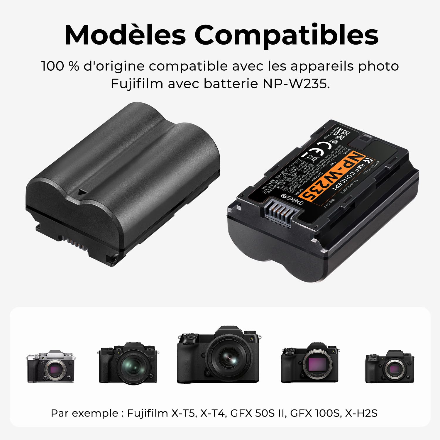 K&F CONCEPT NP-W235 Batteries de Rechange,Chargeur Double Intelligent USB avec Écran LCD,2 Batteries de Remplacement Compatible avec Fujifilm X-T5, X-T4, GFX 100S, X-H2S GFX 50S II, VG-XT4