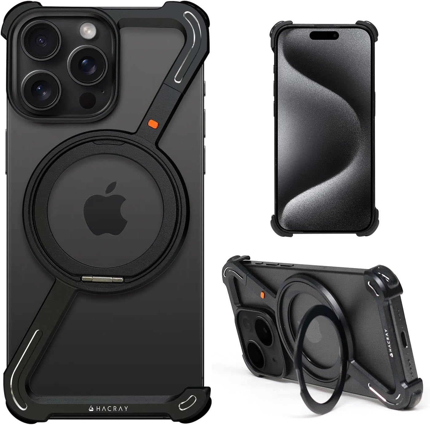 HR26887i15PR Bumper Case for iPhone 15 Pro, 360° Rotation, Magsafe Ring Stand, Aluminum Material, Impact Resistant, High Durability, MagSafe Compatible, Drop Prevention, Smartphone Grip,