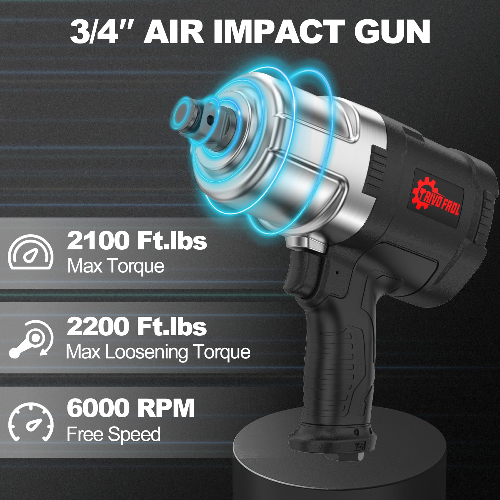 Trivd Frol Avvitatore pneumatico - Pistola pneumatica da 3/4 di pollice, fino a 2100 Ft.lbs, Avvitatore a percussione ad alta coppia da 6000 giri/min, Avvitatore pneumatico a doppio martello per