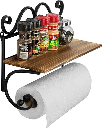Miniatura 7 de MyGift Soporte para toallas de papel de cocina de metal negro montado en la pared y estante de almacenamiento de madera maciza quemada, estante de