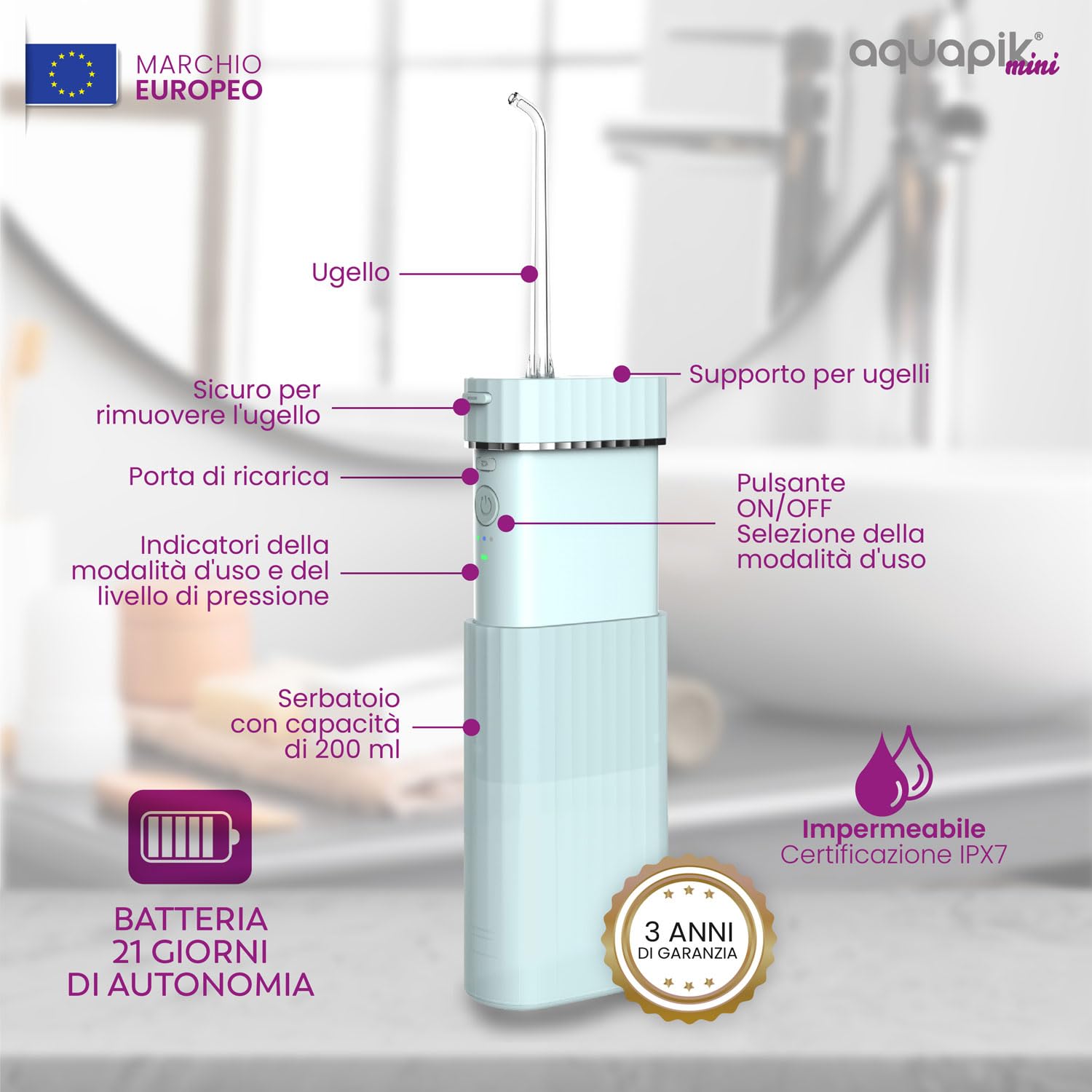 Idropulsore dentale portatile AQmini - 3 modalità, 4 ugelli, serbatoio 200 ml, USB-C, IPX7, compatto per viaggio, ufficio, gengive sensibili