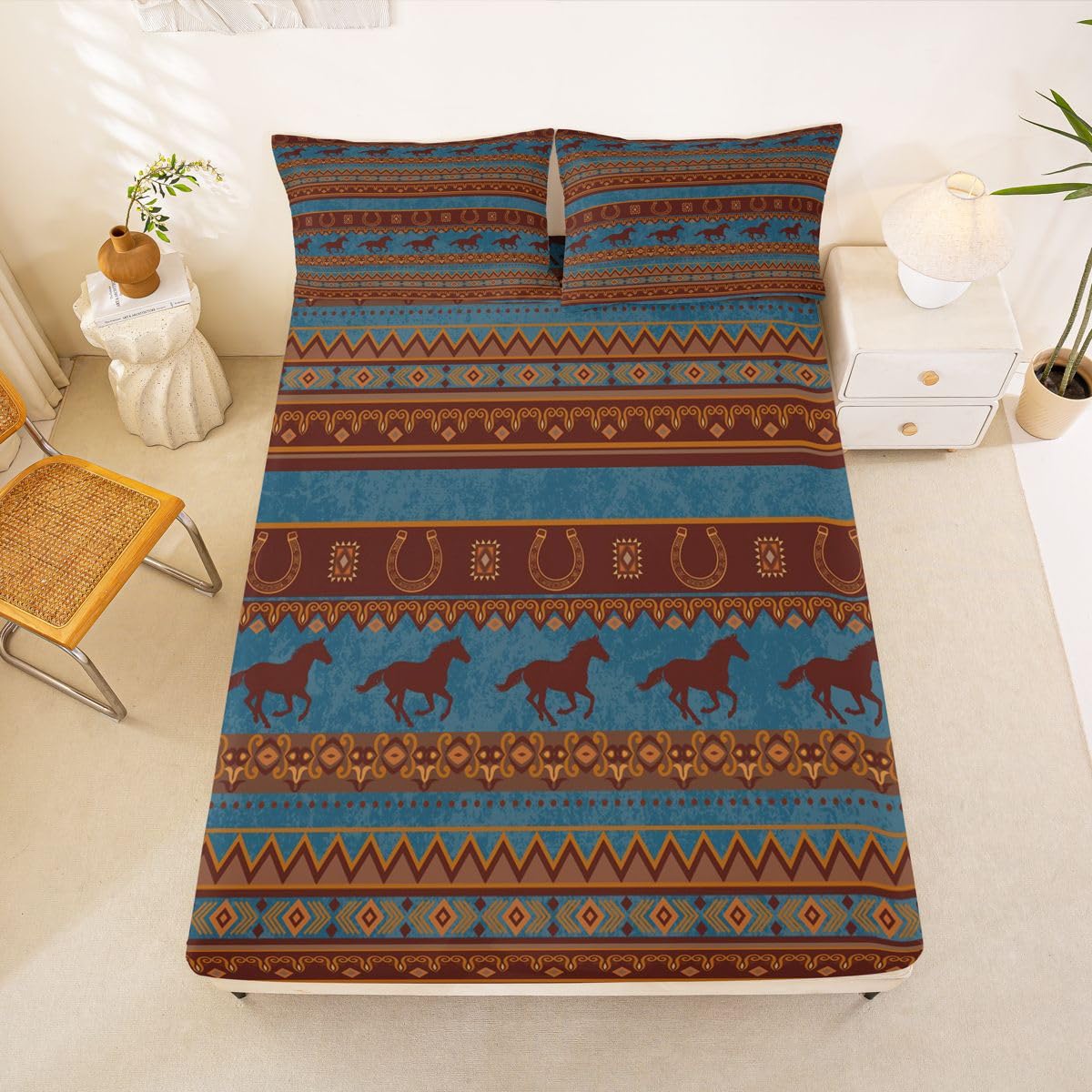 Homewish Western Cowboy prześcieradła King Rustykalne południowo-zachodnie prześcieradło z gumką, głęboka kieszeń, 40 cm, niebieski i brązowy, plemienny, aztecki zestaw pościeli, dzikie konie, podkowa