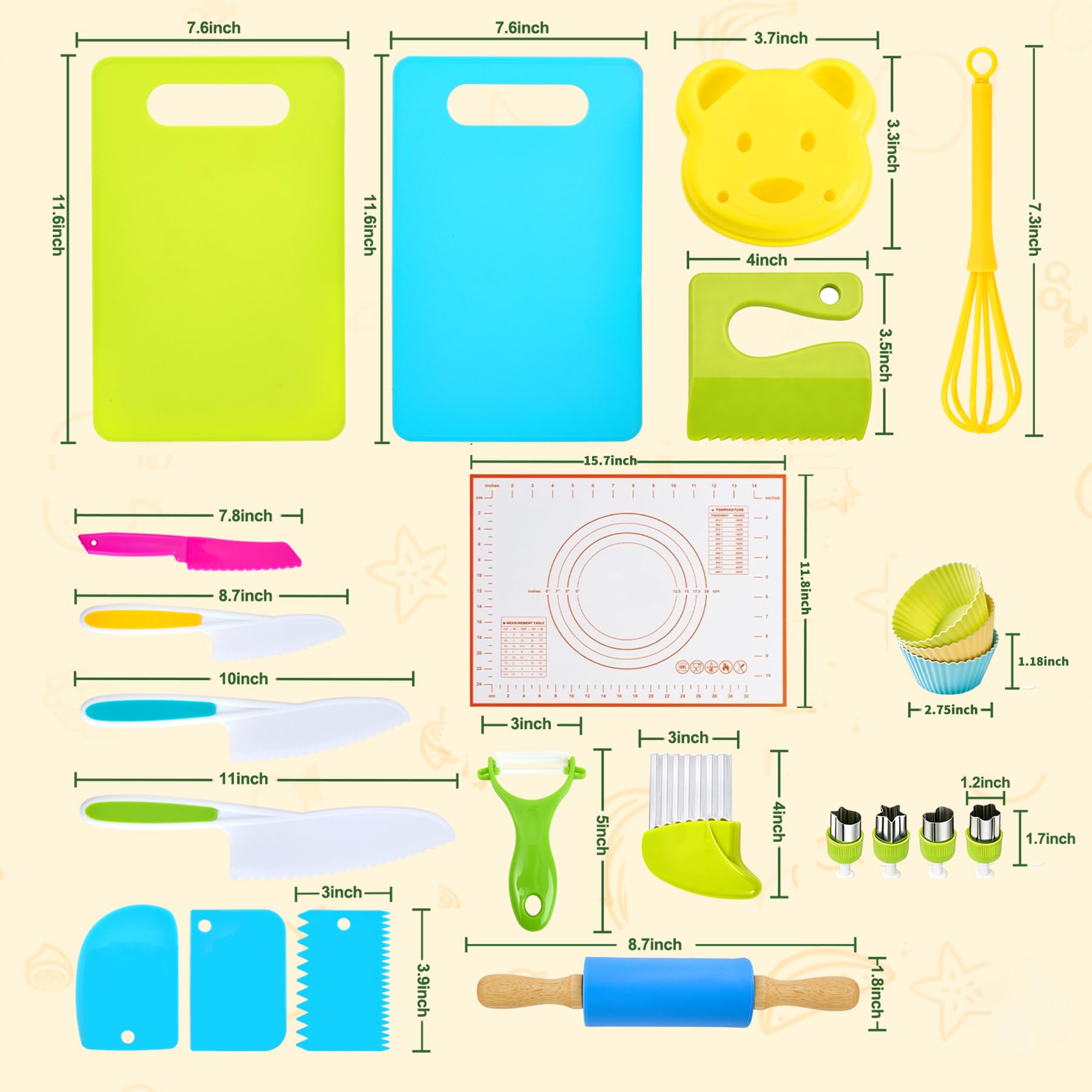 Cuchillo niños Aprendizaje, 23 Kit Cocina Montessori que no Cortadedos, Cuchillo para niños a Partir de los, Utensilios Cocina, Para Cortar Frutas Verduras o Masa (23 piezas)