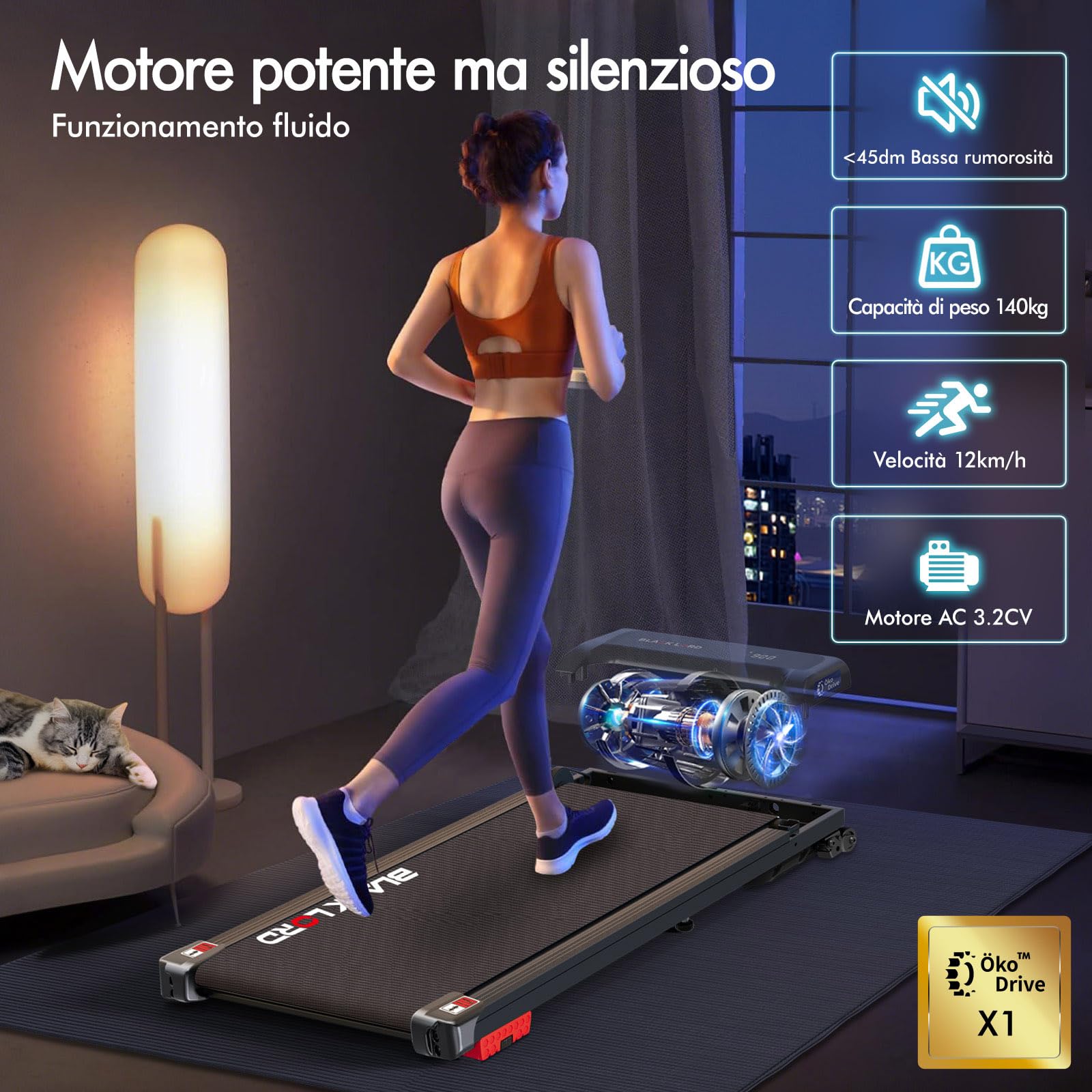 BLACK LORD Tapis roulant, Walking pad 9/12/16 km/h, Tappetino da corsa con/senza inclinazione del 9%, Sotto la scrivania, Portatile, Silenzioso, Display LED, Controllo tramite App, 120/130/140 kg
