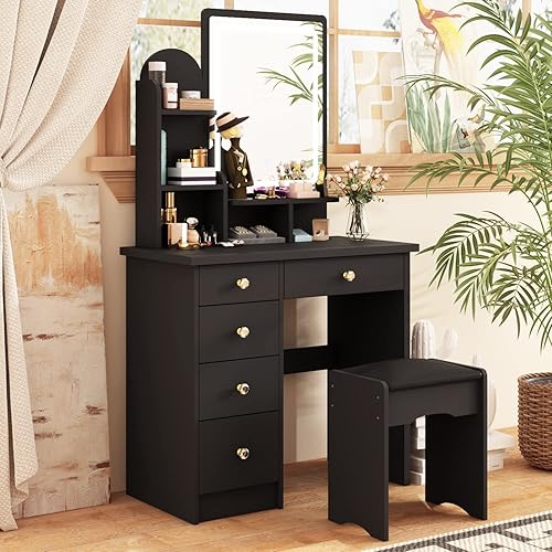 ECACAD Vanity Desk, Vanity Table Set with LED Lighted Mirror, Makeup Vanity Dressing Table with 5 Drawers, Storage Shelves and Cushioned Stool, Black