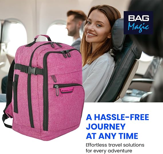 Bordlite Travel Underseat Cabin Approved Backpack, Lightweight Travel Rucksack, Premium Carry on Bag, 40x20x25cm - Pink