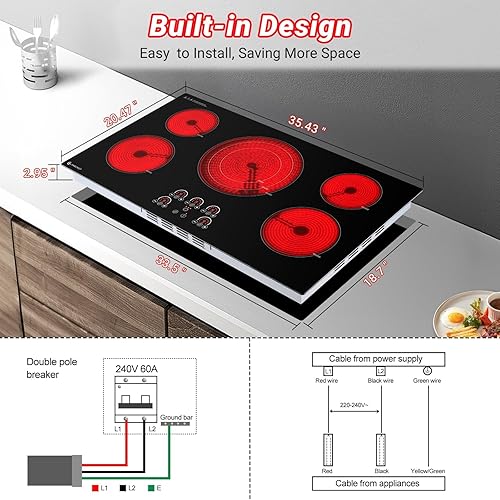 Miniatura 8 de AMZCHEF Estufa eléctrica de 36 pulgadas, 5 quemadores integrados, encimera de vidrio de cerámica de 9000 W con control táctil, 9 niveles de