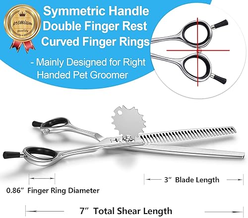 Miniatura 4 de PURPLRBIRD Tijeras rectas de aseo para perros de 7 pulgadas, tijeras texturizantes para adelgazar mascotas, seguridad profesional, punta roma, corte