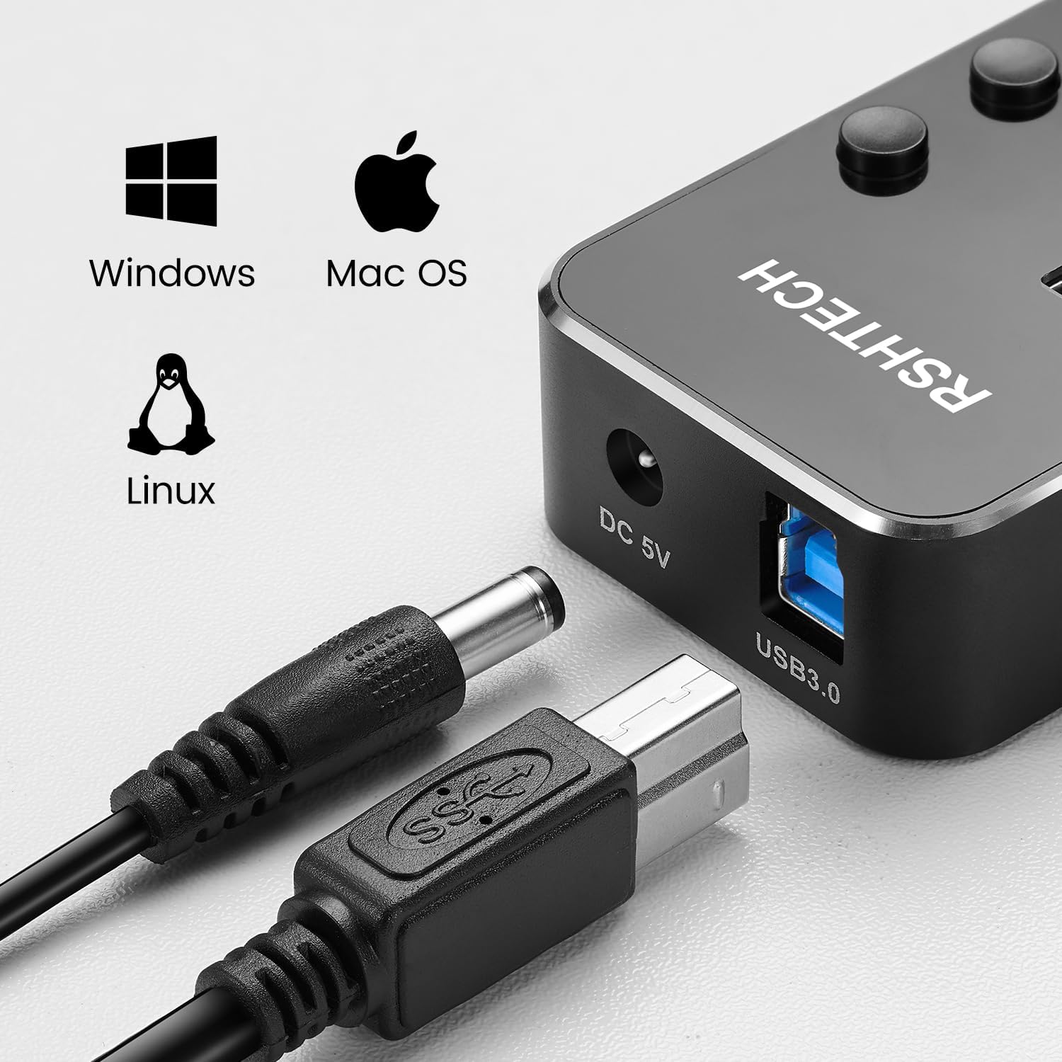 Close-up of the RSHTECH USB Hub showing individual port switches, blue LED indicators, and input ports.
