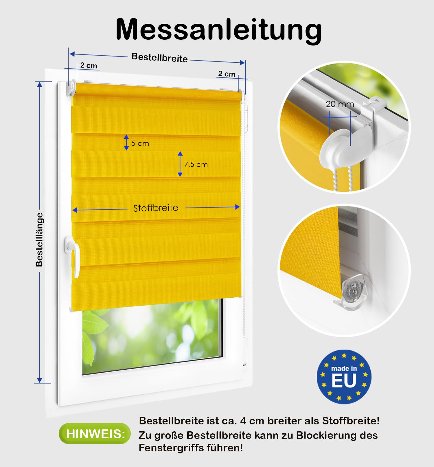 Domdeco Store double jaune, 80 x 215 cm – Store enrouleur double Fix avec supports de serrage, store de fenêtre/store de traction latérale, sans perçage, translucide et occultant