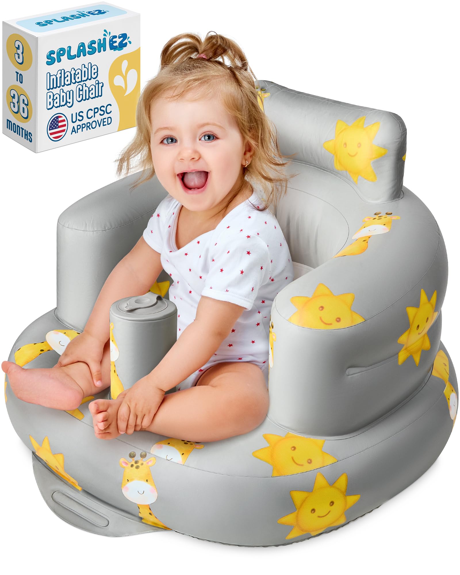 SplashEZInflatable Baby Seat - Sit-Up Chair for Kids 3 Months to 3 Years, Blow-Up Baby Seat with Air Pump for Home, Inflatable Sit Me Up Chair for Infant Back Support, Floor & Travel, Giraffes