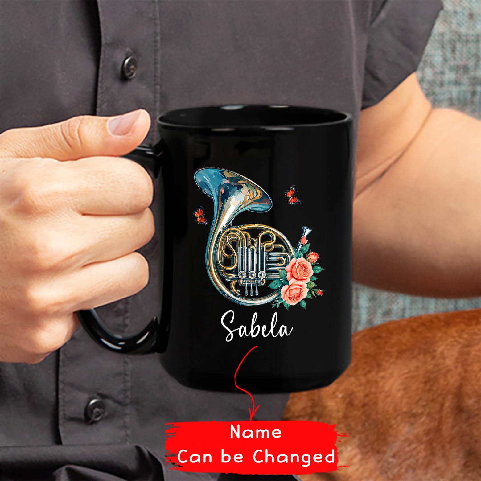 Yanria Personalized French Horn Coffee Mug, French Horn Player Coffee Cup, French Horn Ceramic Mug Gifts For Men Women Horn Lover, French Horn Musical Instrument Black Cups 11oz 15oz, Horn Tea Cup