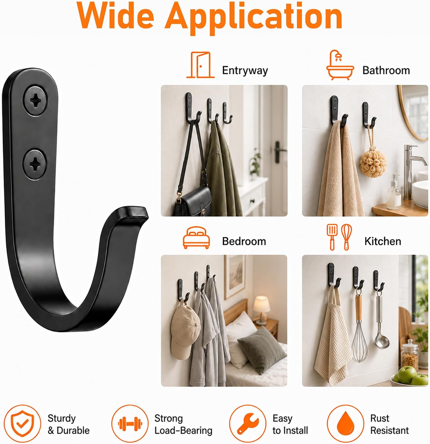 Black Coat Hooks, 20 Pack Sturdy Wall Hooks with 40 Mounting Screws, Heavy Duty Hanging Hooks Ideal for Coats, Towels, Keys, Purses, Handbags Daily Household Wall Storage Use