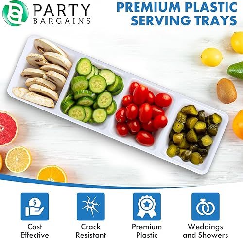 Miniatura 4 de Party Bargains Bandeja rectangular seccional desechable blanca (paquete de 4) de 5 x 16 pulgadas. Bandeja de plástico con 4 compartimentos para
