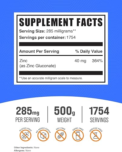 Miniatura 2 de BulkSupplements com Polvo de gluconato de zinc zinc crudo zinc vegano suplemento de zinc para adultos vitaminas de zinc zinc puro 1764oz 11 libras